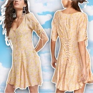FREE PEOPLE Laced Up Mini Dress Femme Combo Daisy Floral Boho Hippie Castlecore